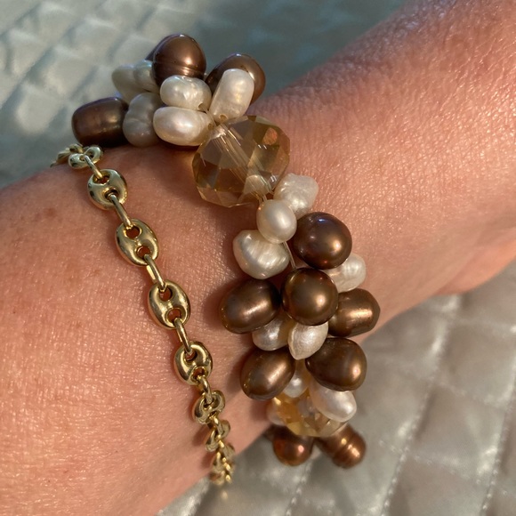 Vintage genuine freshwater pearl cluster bracelet with large crystals stretch - Picture 3 of 7